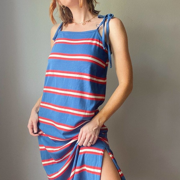Marine Layer Blue Red Striped Tie Sleeve Midi Tank Dress w/ Slit - Picture 1 of 8